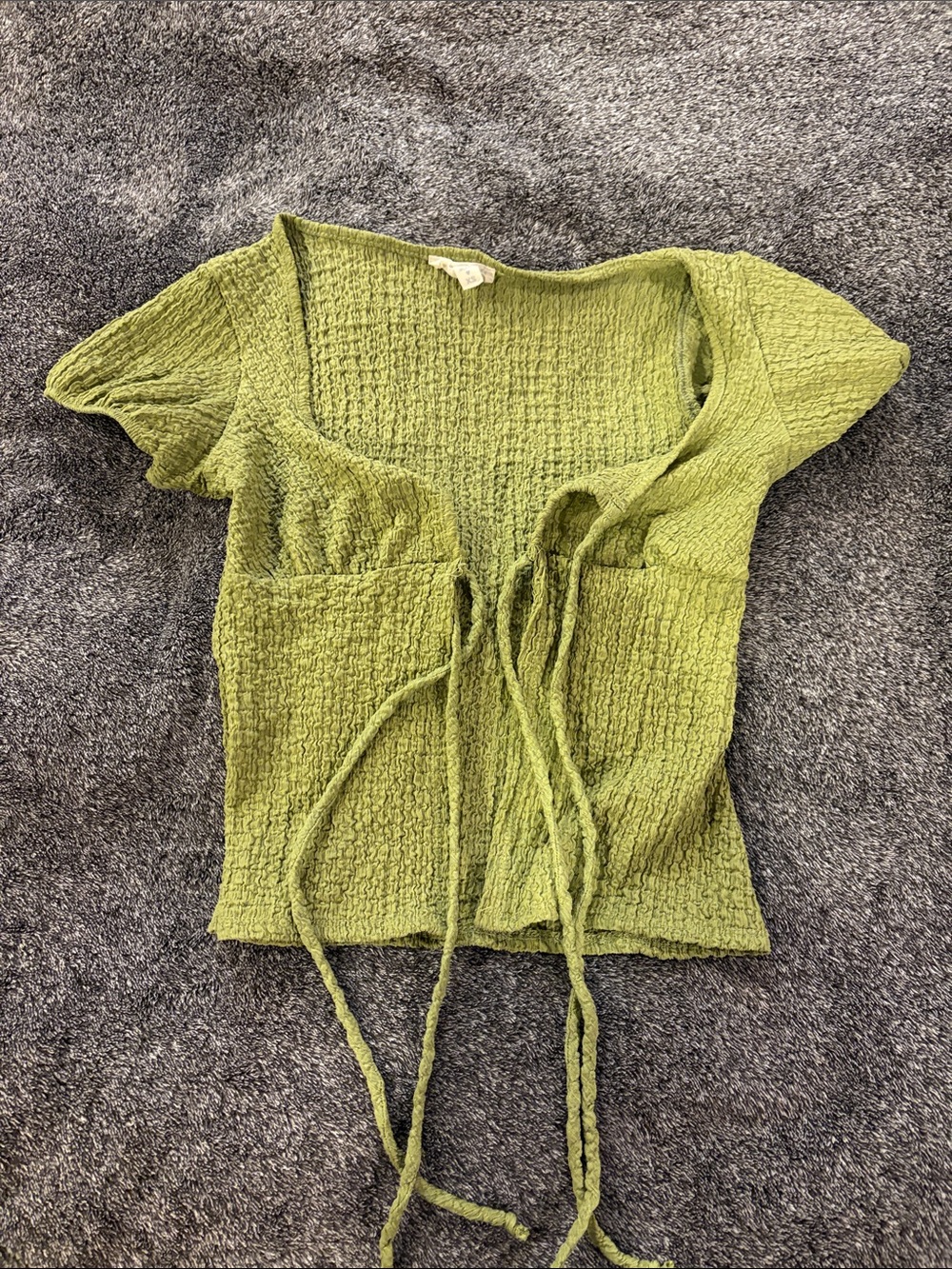 See You Monday Olive Green Textured Tie-Front Crop Top